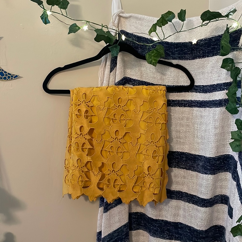 Loft Mustard Midi Skirt with Patterned Overlay